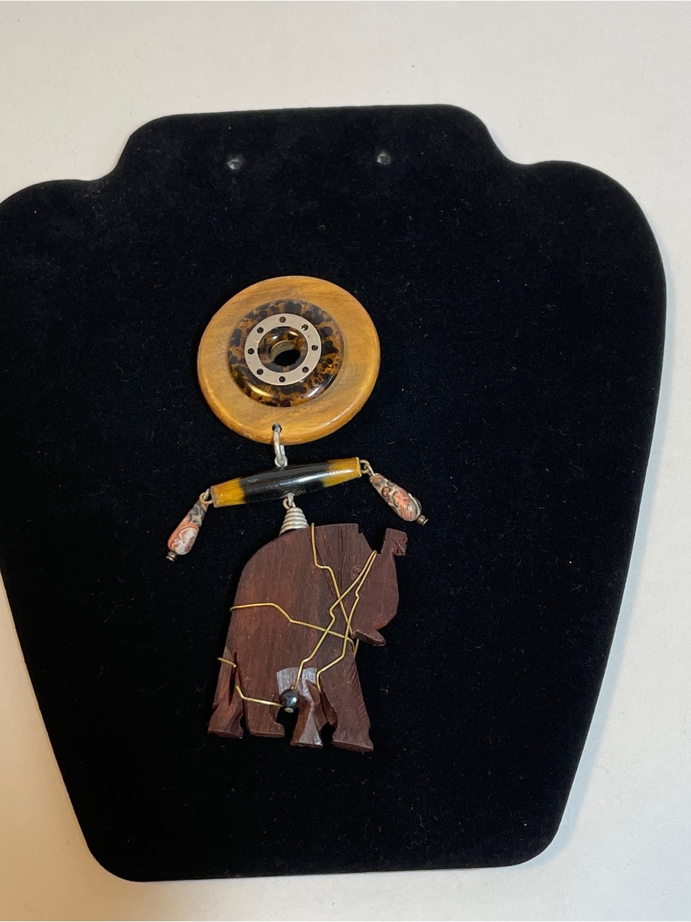 Vintage Bold Wood Beaded Treska Brooch Bohemian Elephant, Signed, W/Jasper Beads